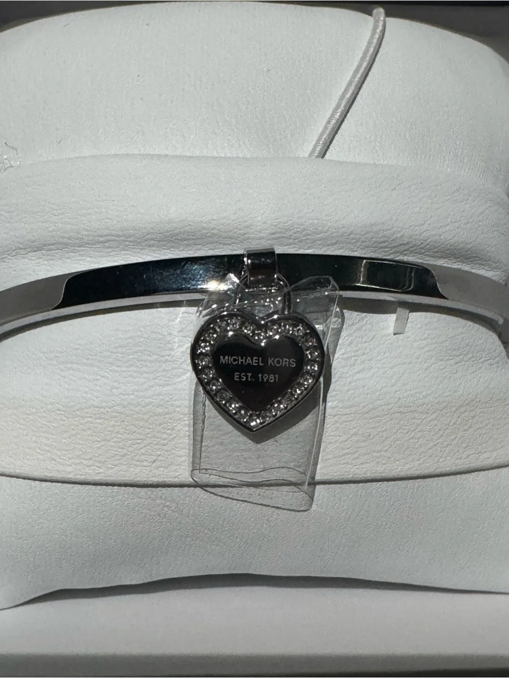 Michael Kors Silver-Tone Heart Charm Bangle with Crystal Accent